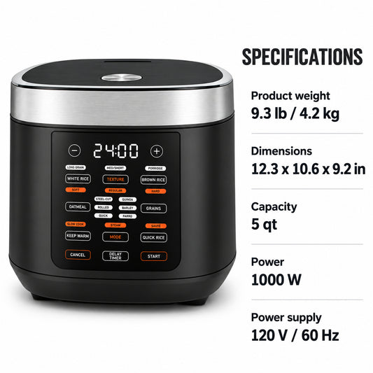 5-Quart Digital Rice Cooker with Steam Basket, Black