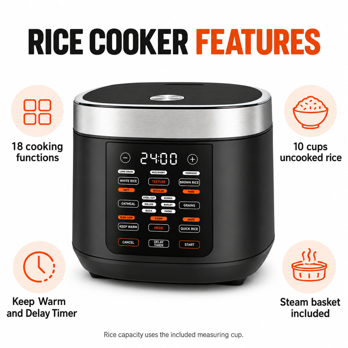 5-Quart Digital Rice Cooker with Steam Basket, Black