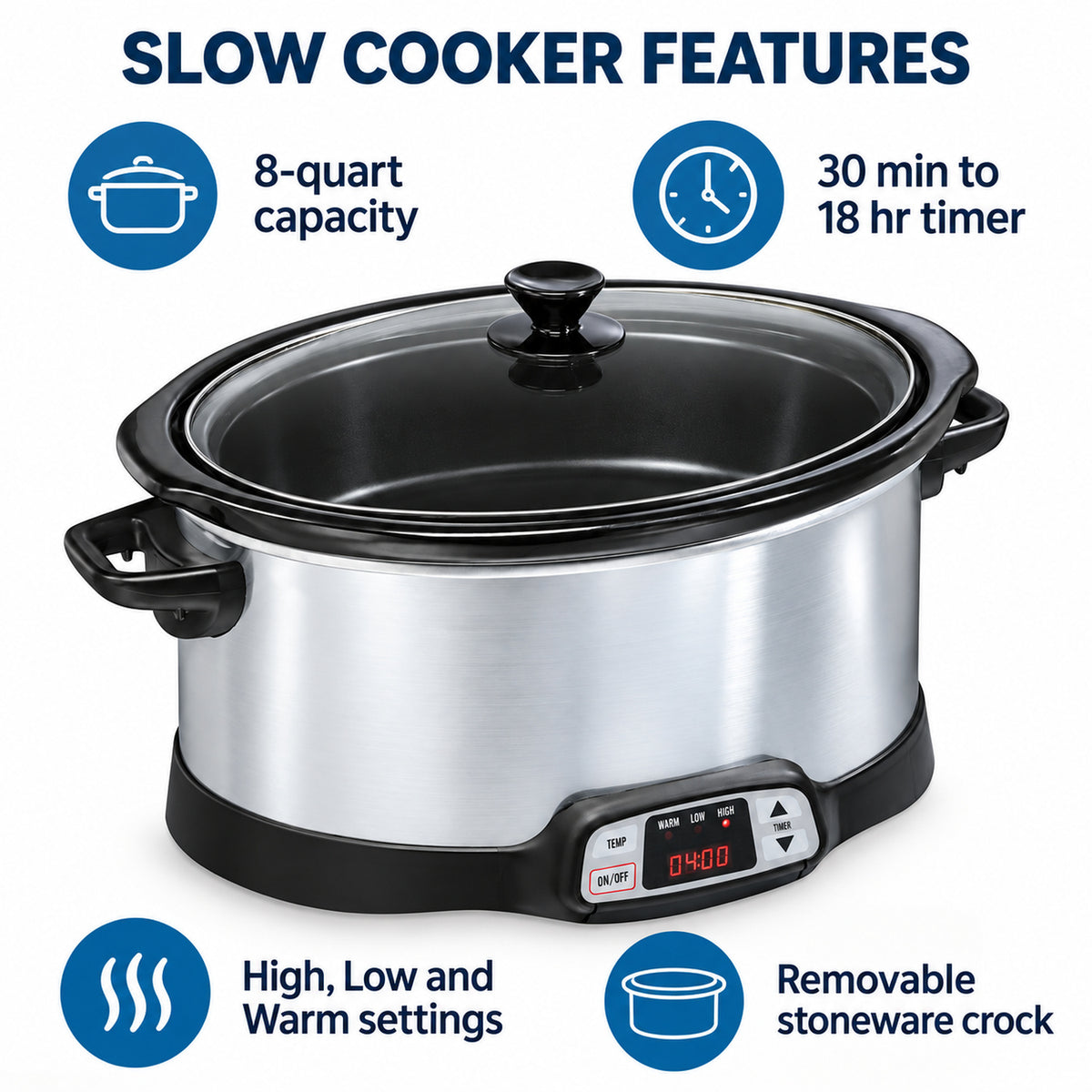 8-Quart Programmable Slow Cooker with Glass Lid, Silver