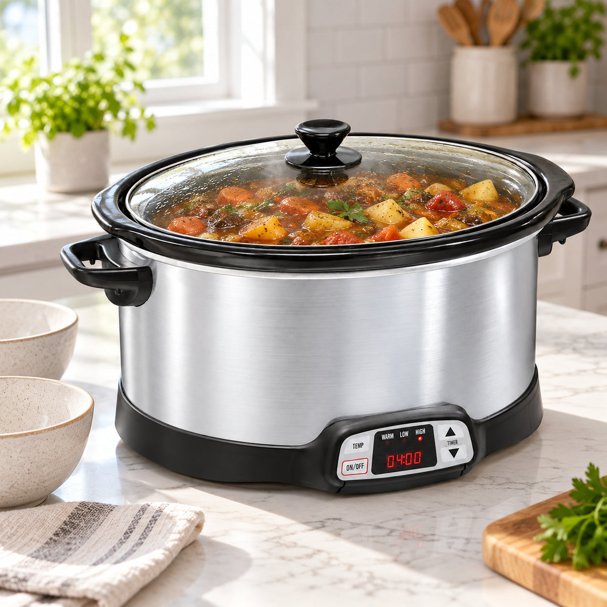 8-Quart Programmable Slow Cooker with Glass Lid, Silver
