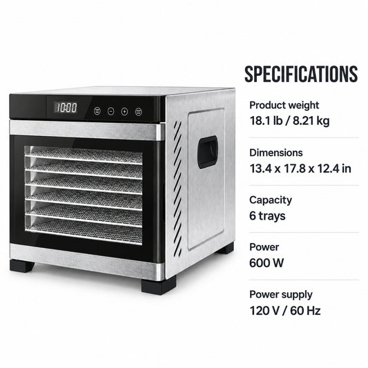 6-Tray Stainless Steel Food Dehydrator with Digital Timer