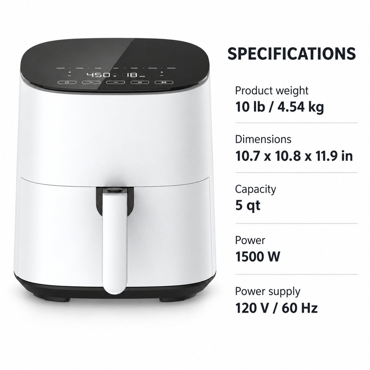 5-Quart Digital Air Fryer with Touch Controls, White