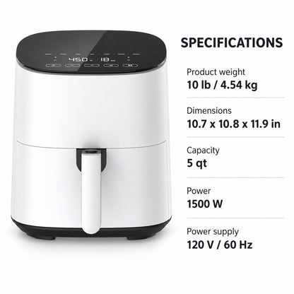 5-Quart Digital Air Fryer with Touch Controls, White