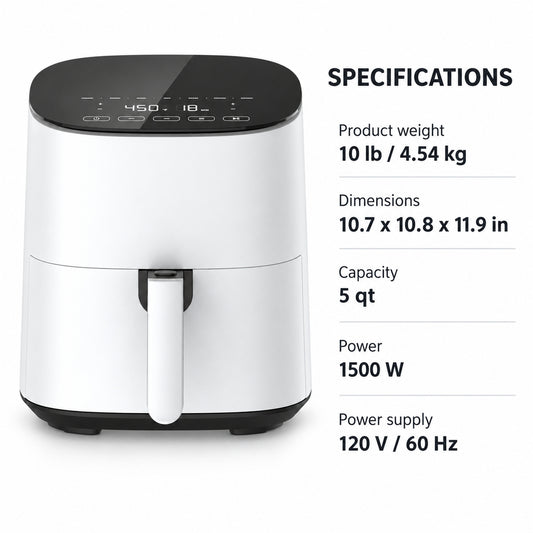 5-Quart Digital Air Fryer with Touch Controls, White