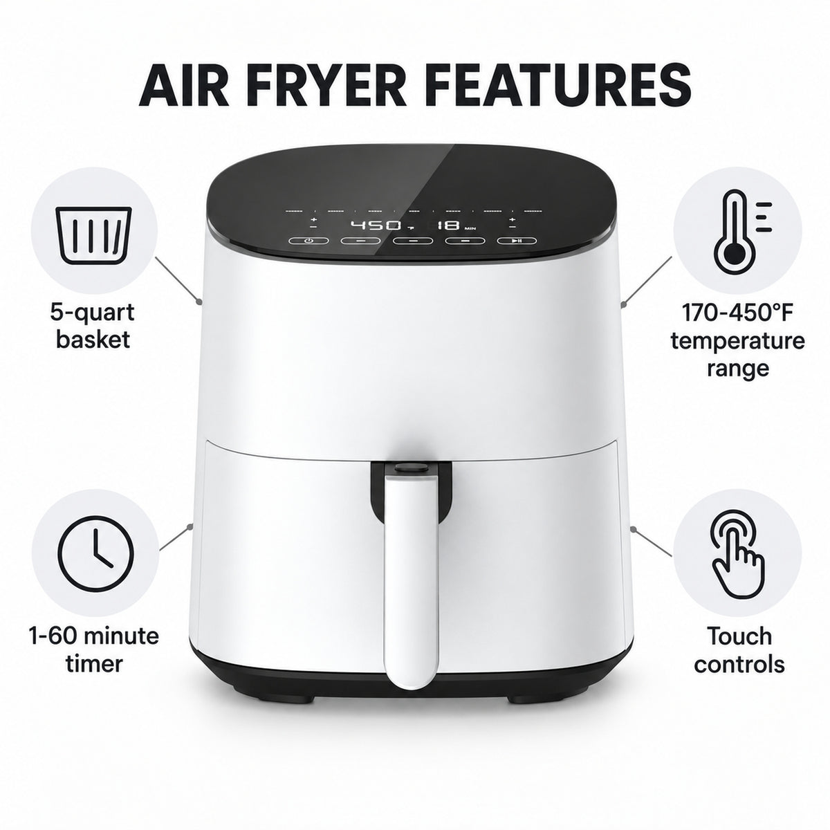 5-Quart Digital Air Fryer with Touch Controls, White