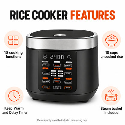 5-Quart Digital Rice Cooker with Steam Basket, Black