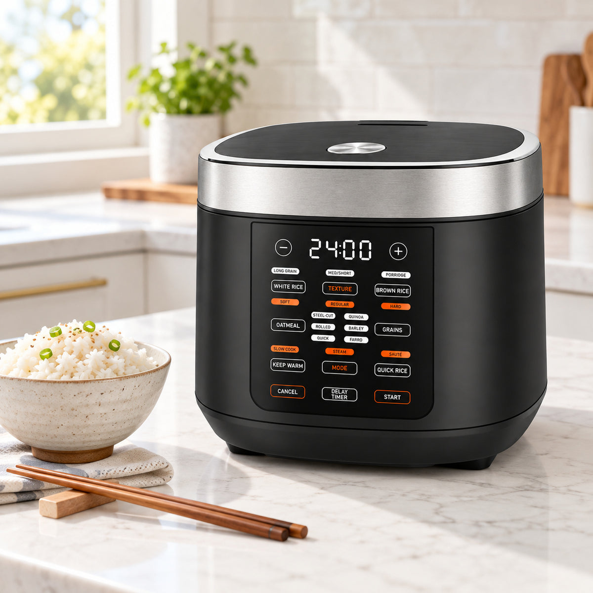 5-Quart Digital Rice Cooker with Steam Basket, Black