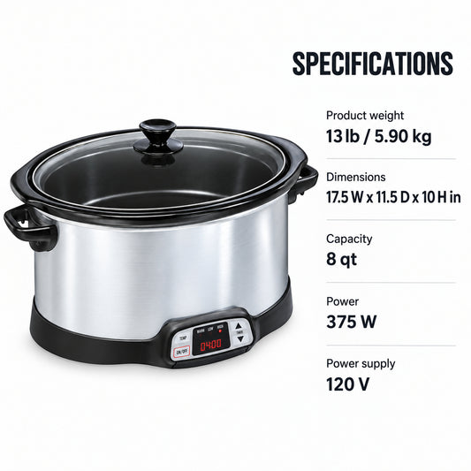8-Quart Programmable Slow Cooker with Glass Lid, Silver