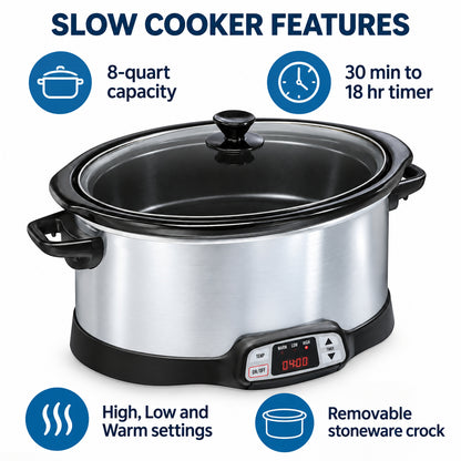 8-Quart Programmable Slow Cooker with Glass Lid, Silver