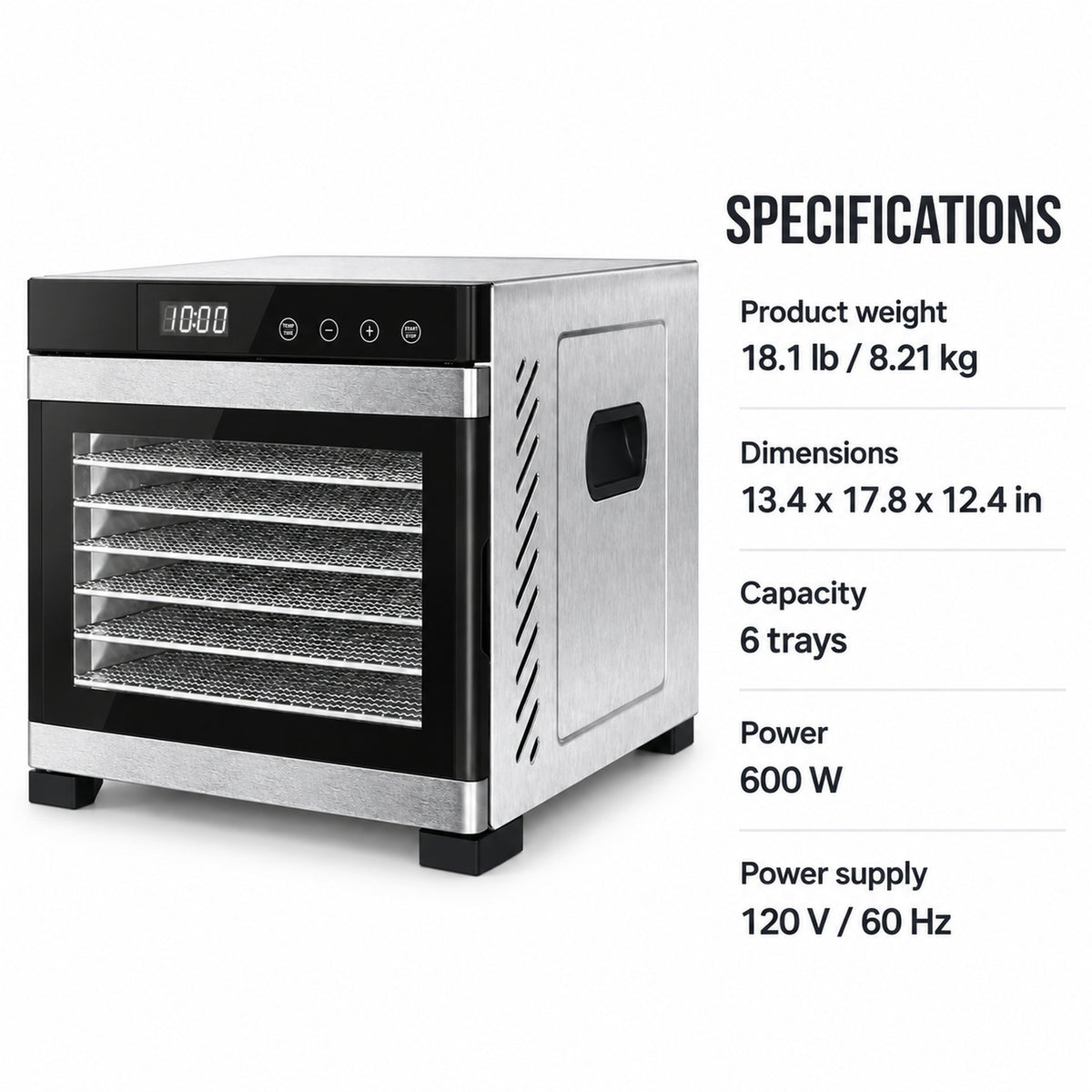6-Tray Stainless Steel Food Dehydrator with Digital Timer