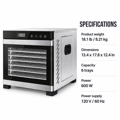 6-Tray Stainless Steel Food Dehydrator with Digital Timer