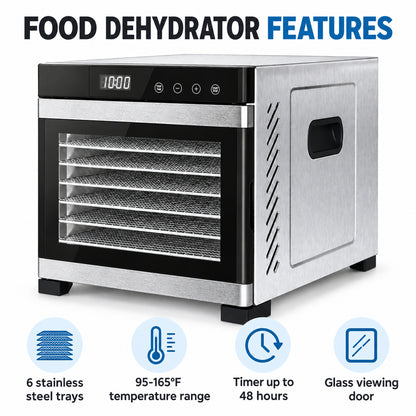 6-Tray Stainless Steel Food Dehydrator with Digital Timer