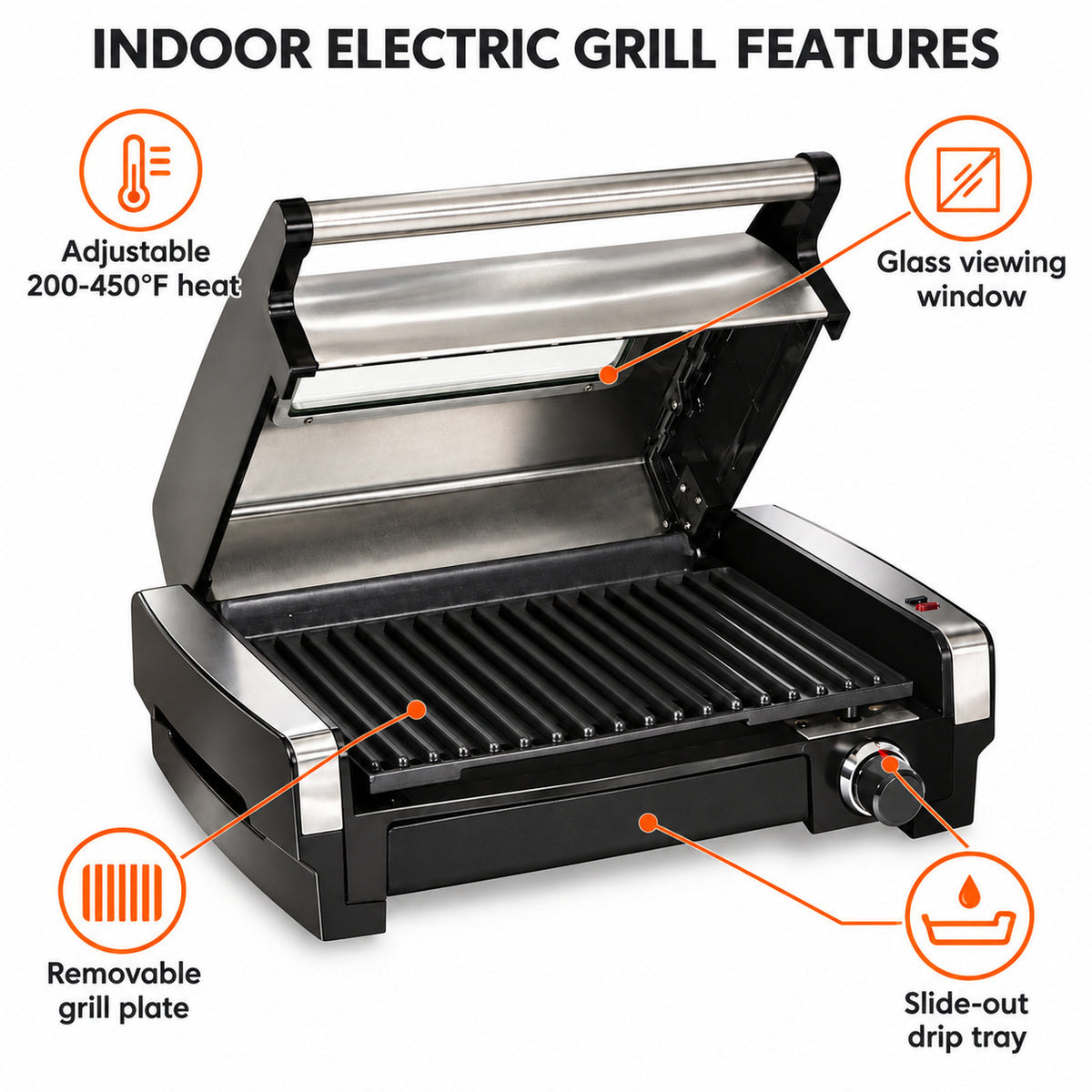 Indoor Electric Grill with Viewing Window and Temperature Control